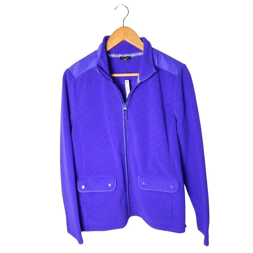 Talbots Purple Quilted Fleece Jacket Mixed Media Full Zip Mock Neck Medium Exc